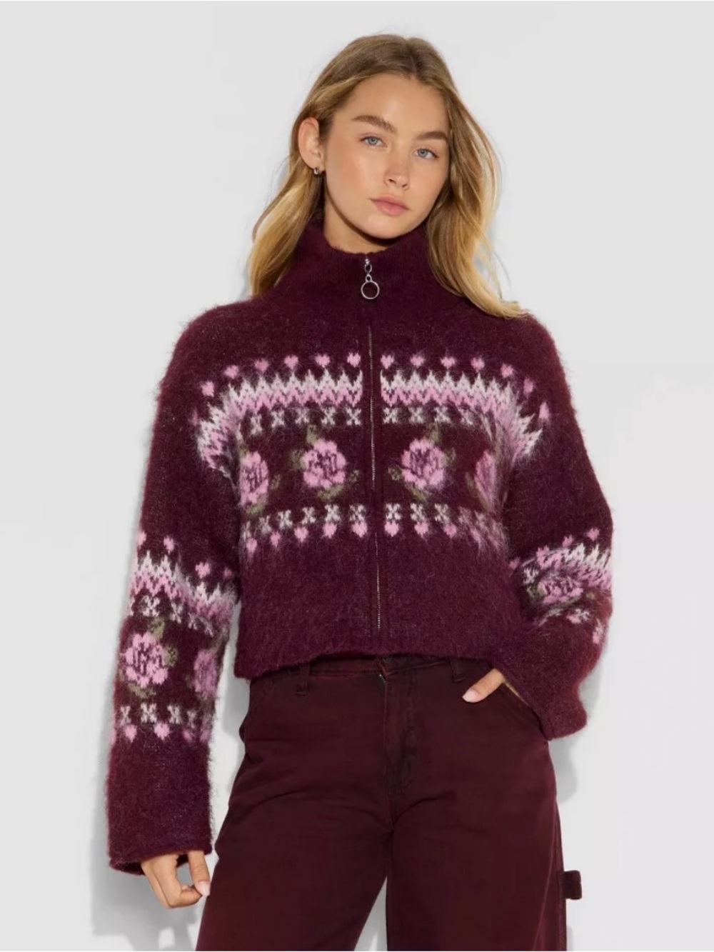 wild fable Burgundy & Pink Floral Zip-Up Mohair Blend Cardigan